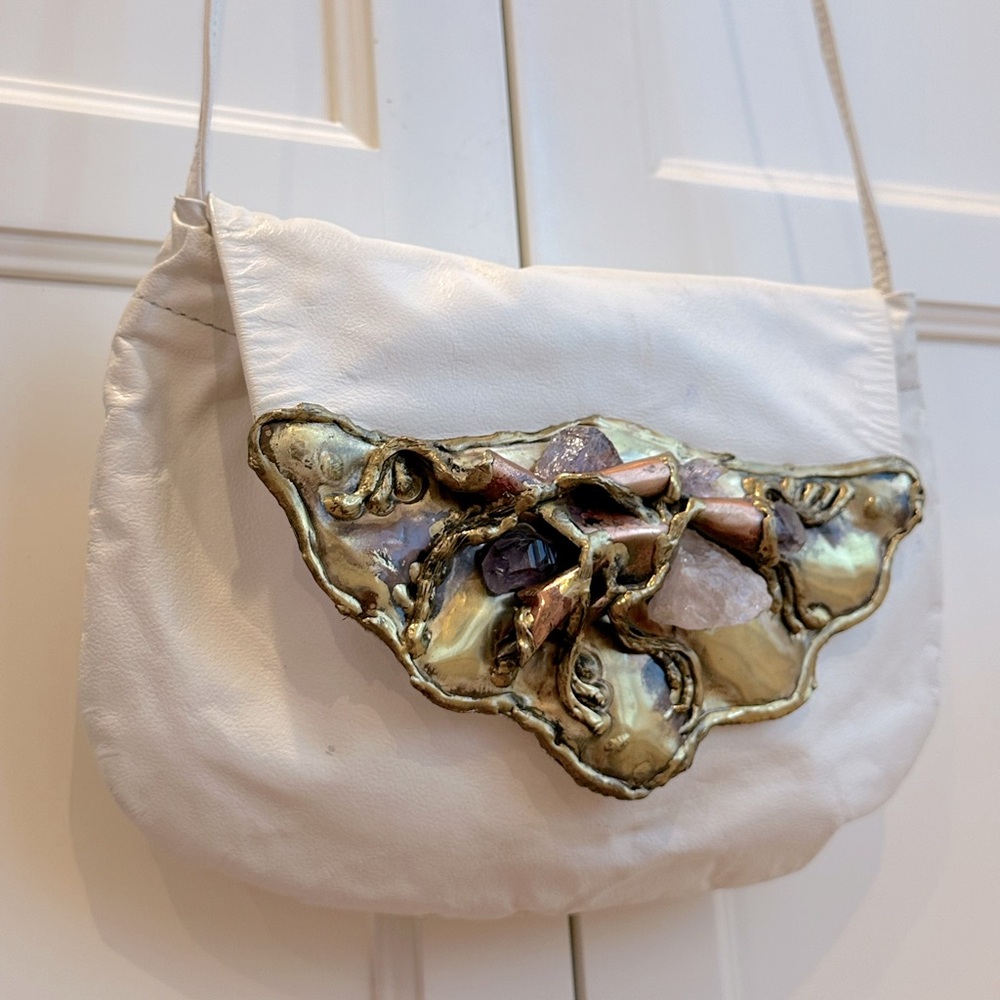 Fabulously 80s Fancy Nancy Amethyst Rose Quartz Metal Leather Purse